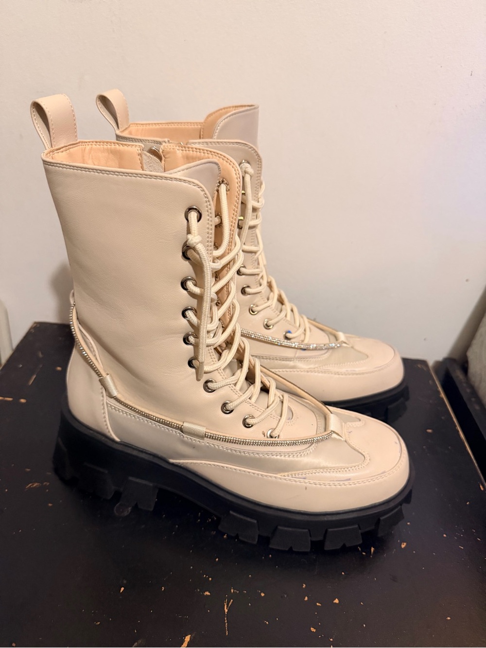 Azalea Wang Twinkley Pearl/Rhinestone Embellished Combat Boots